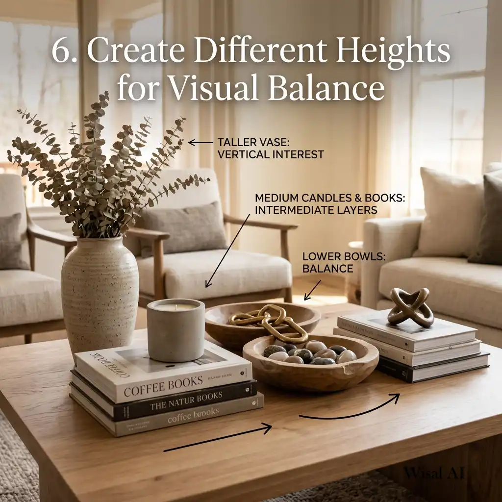 Luxury coffee table arrangement with layered décor in varying heights.
