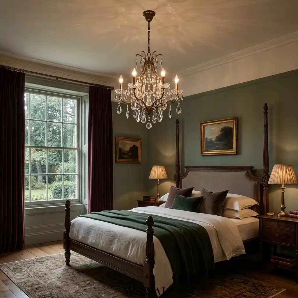Crystal chandelier in timeless luxury bedroom design