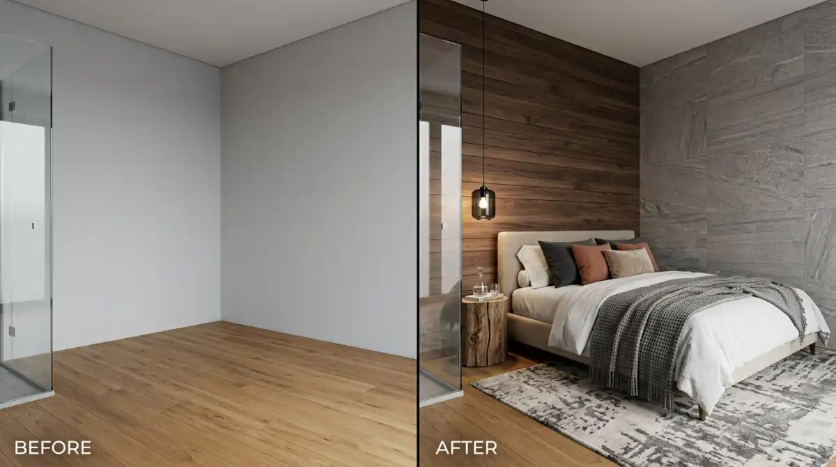 6. Dark Luxe Stone and Timber Fusion: Before and After