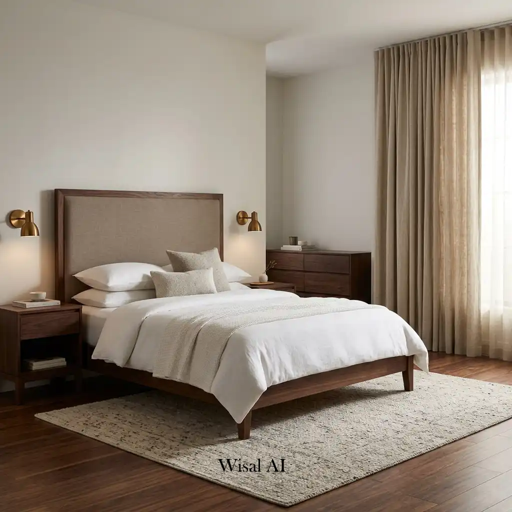 Dark wood bedroom with an upholstered linen headboard and matching walnut furniture.