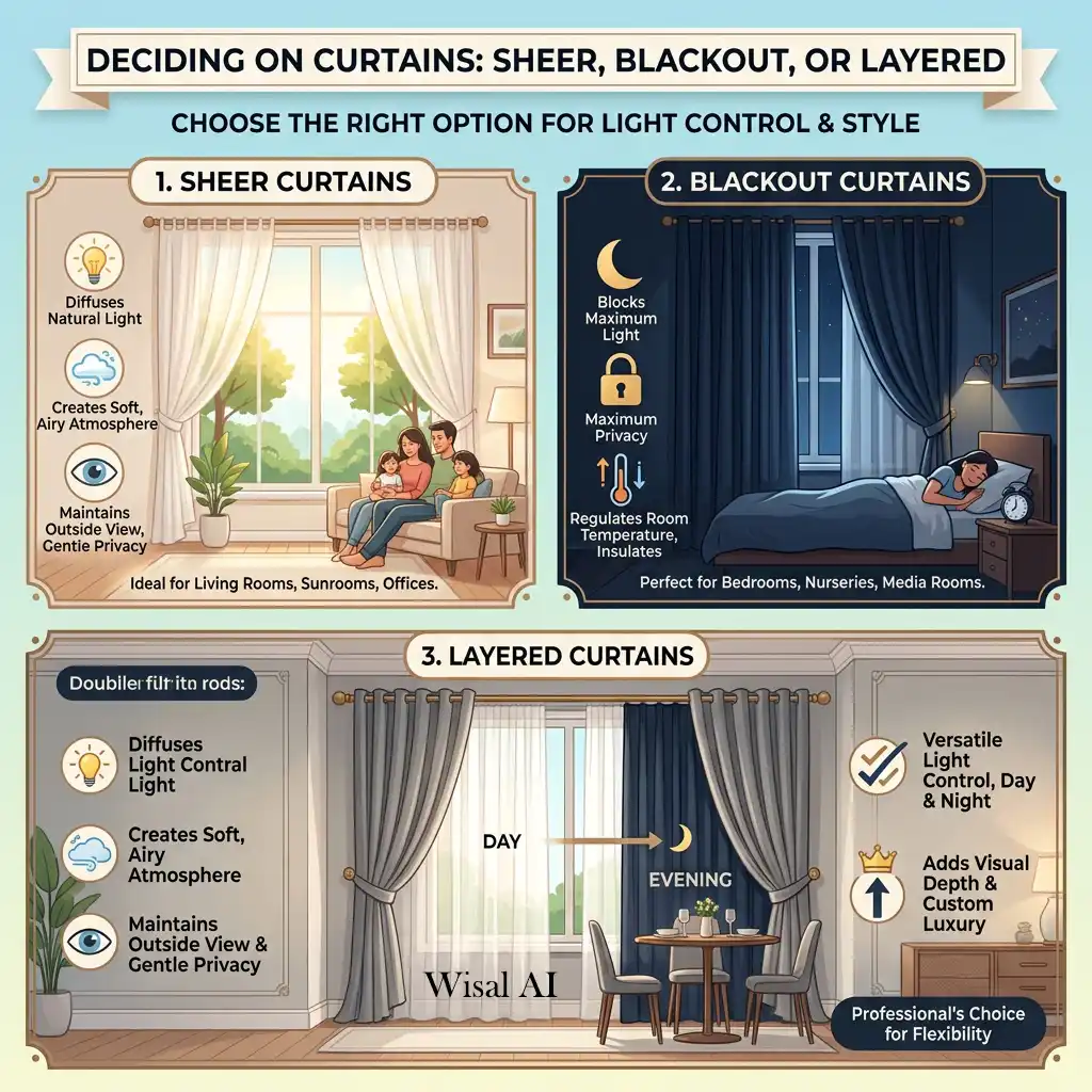 Layered sheer and blackout curtains providing flexible light control and elegant window styling.
