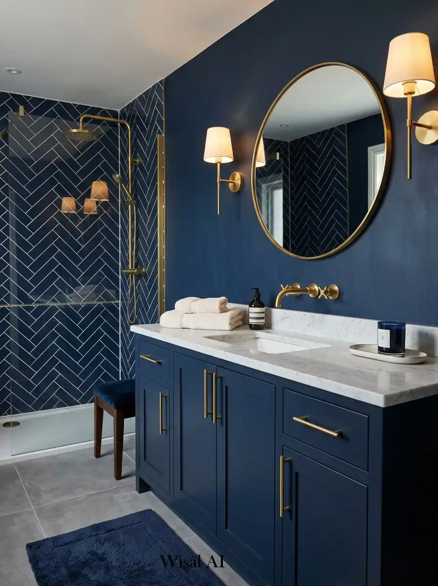 Elegant bathroom with deep navy walls brushed brass fixtures and luxurious boutique hotel inspired interior design.