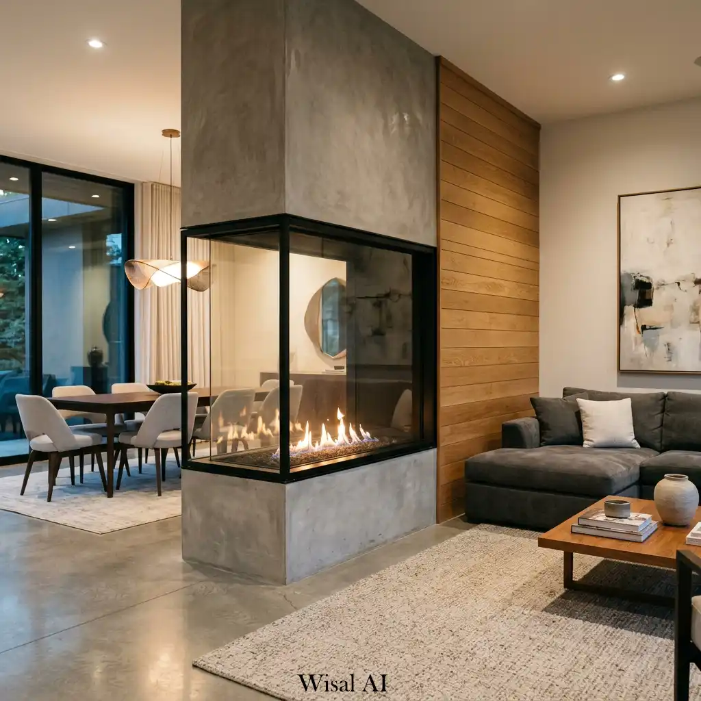 Double-sided fireplace connecting two luxury living spaces with contemporary design
