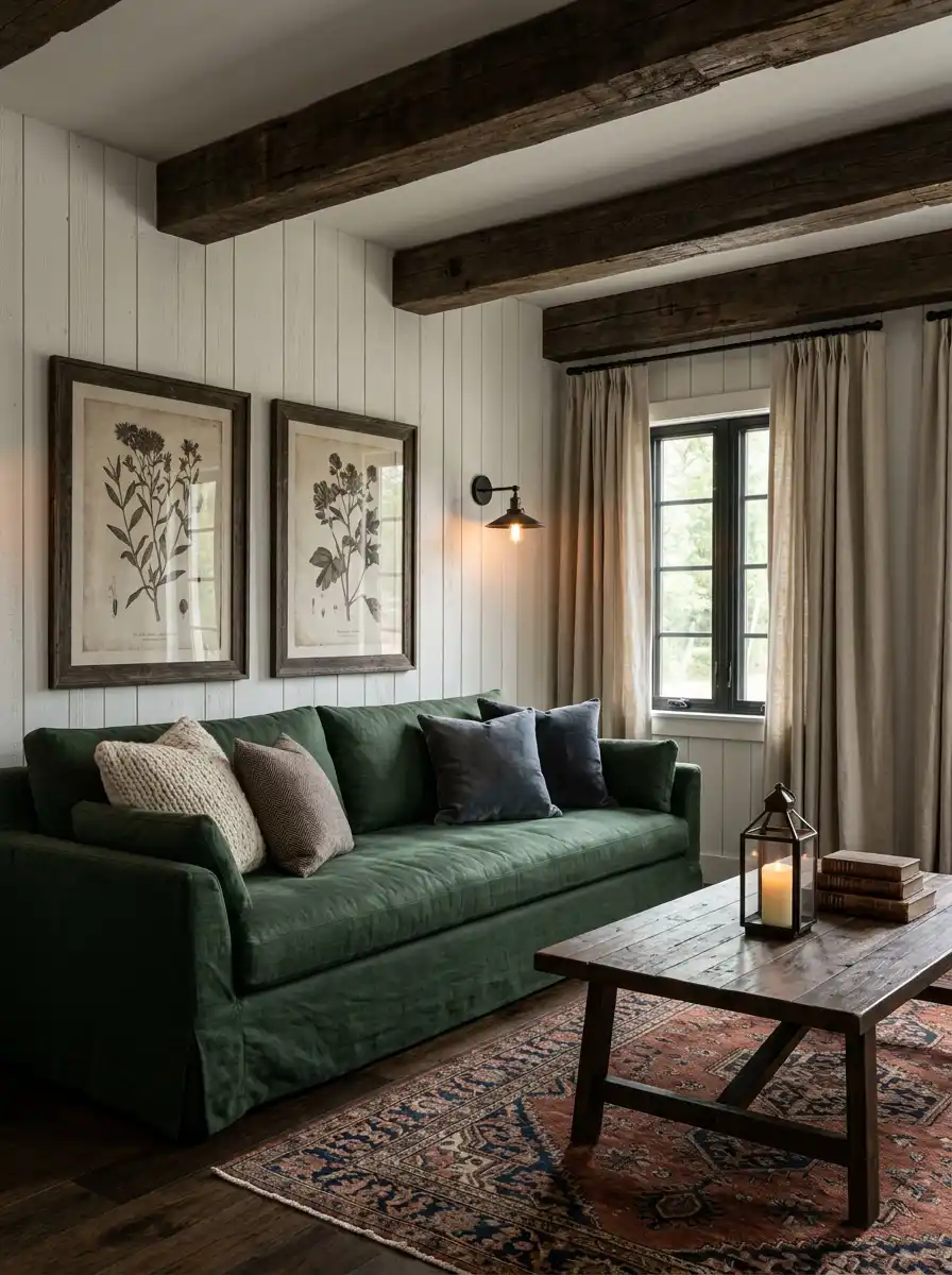 26. Earthy Elegance with a Dark Twist Farmhouse Living Room Idea