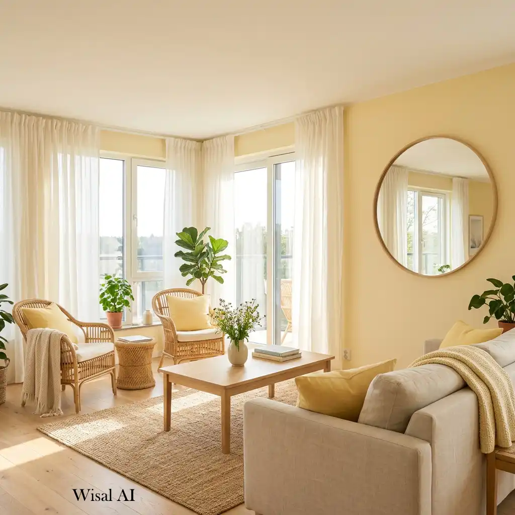 Sunlit living room with butter yellow furniture and sheer white curtains.