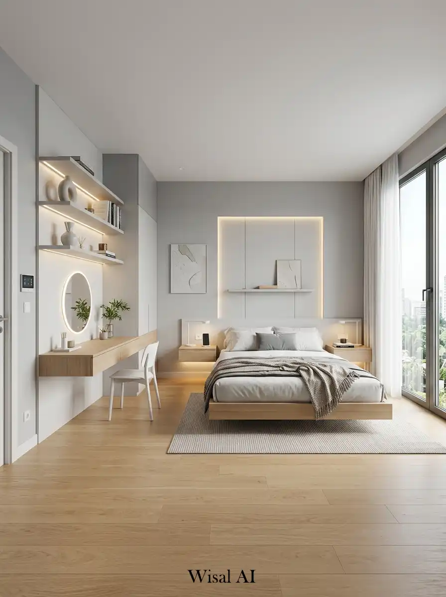 Bedroom with floating furniture creating modern light airy space.