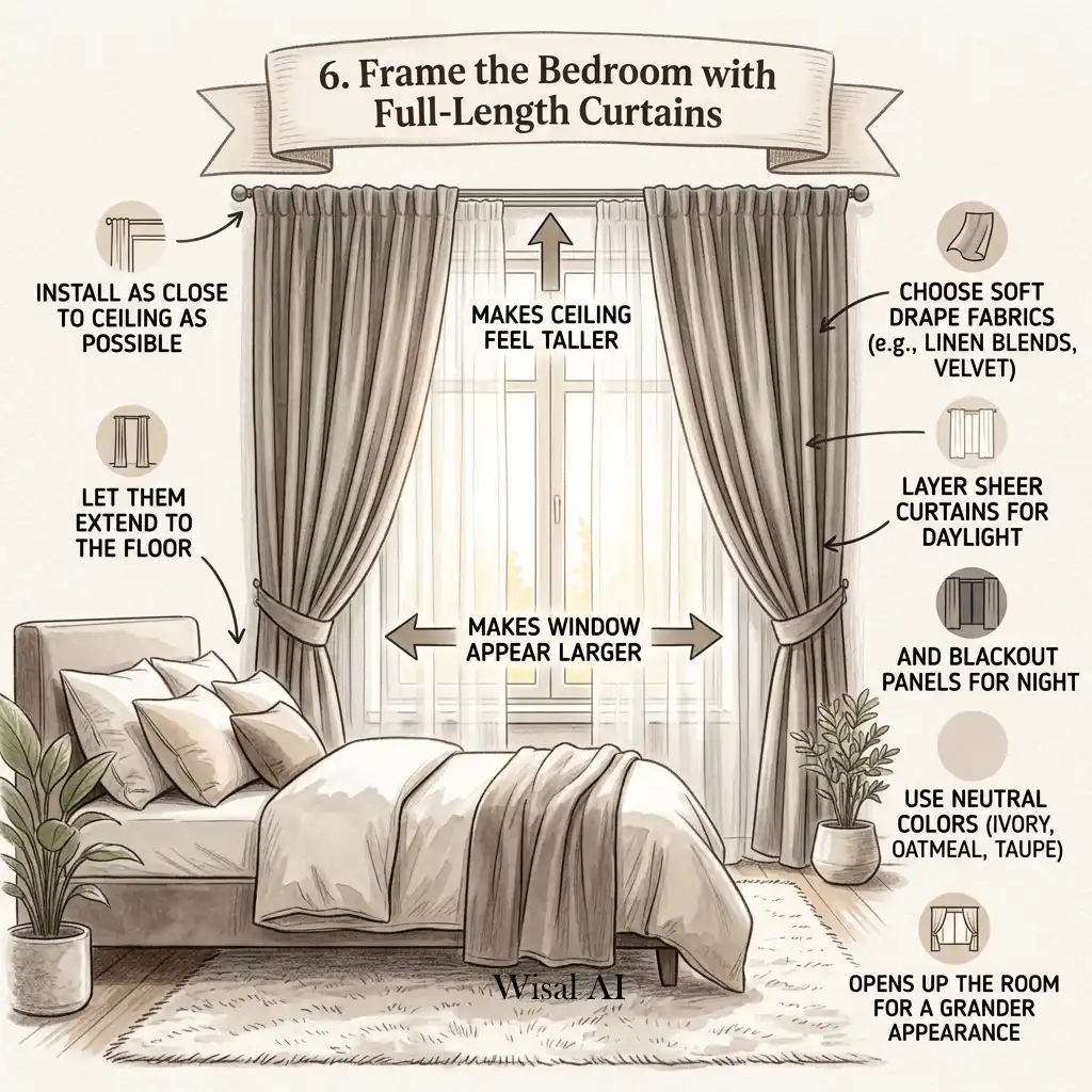 Luxury bedroom with floor-to-ceiling curtains, sheer drapes, and natural sunlight streaming.