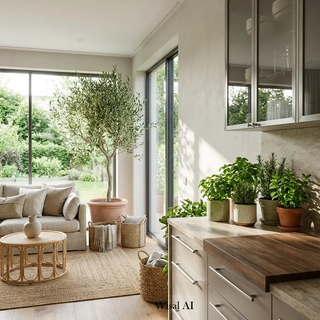 Beautiful home decorated with lush indoor plants and natural wood accents for timeless style.