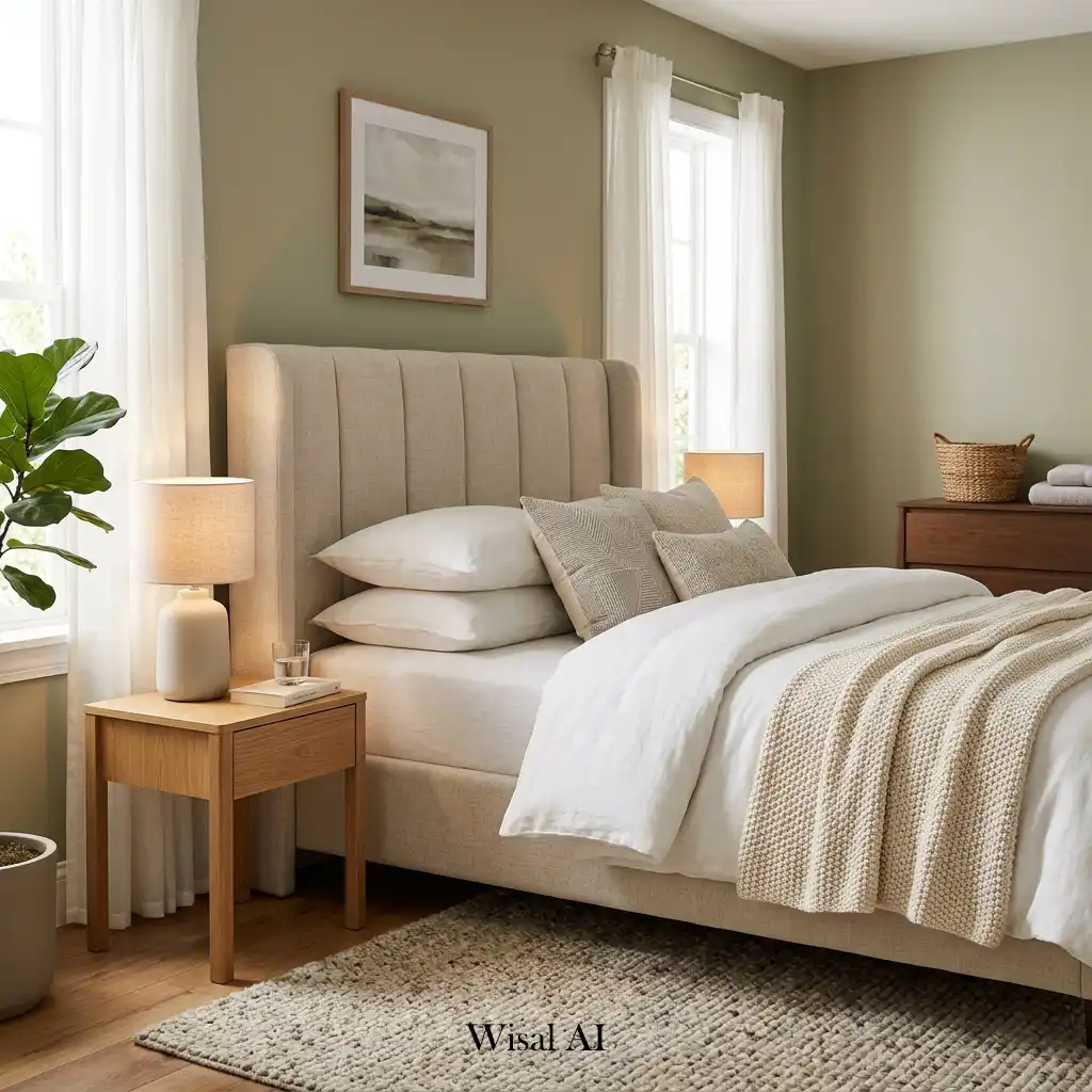 Comfortable guest bedroom with a soft upholstered headboard.