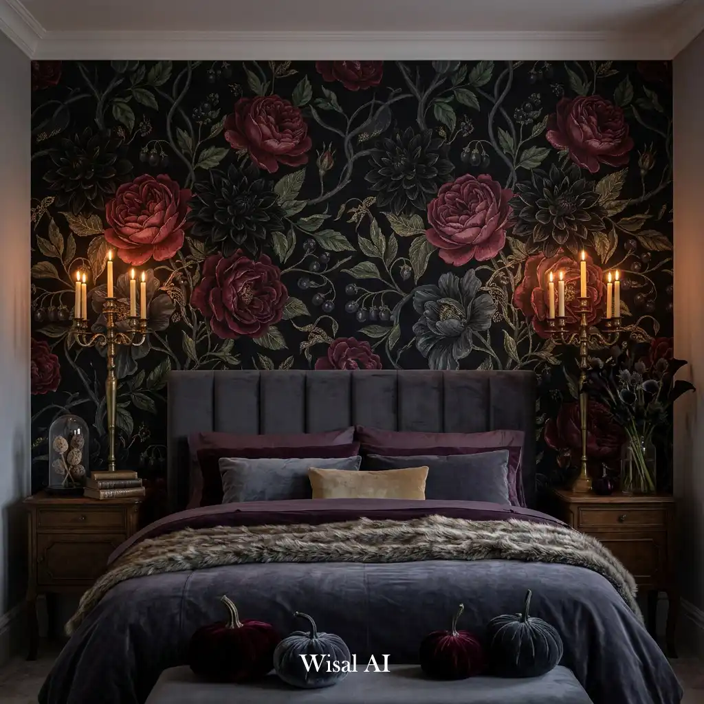 Dark floral wallpaper creating a sophisticated Halloween bedroom atmosphere.