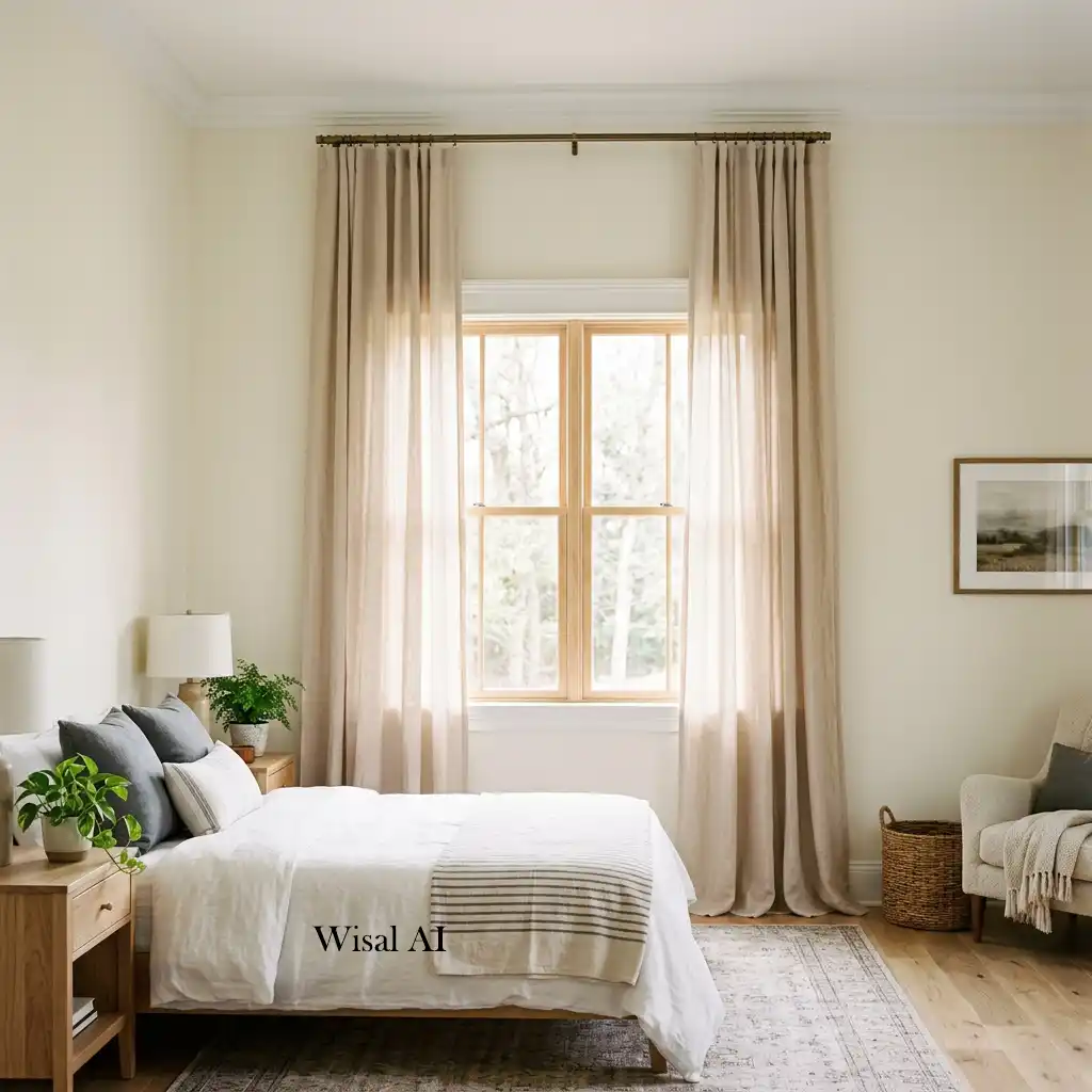 Elegant bedroom with ceiling-height curtains making the room appear much taller.