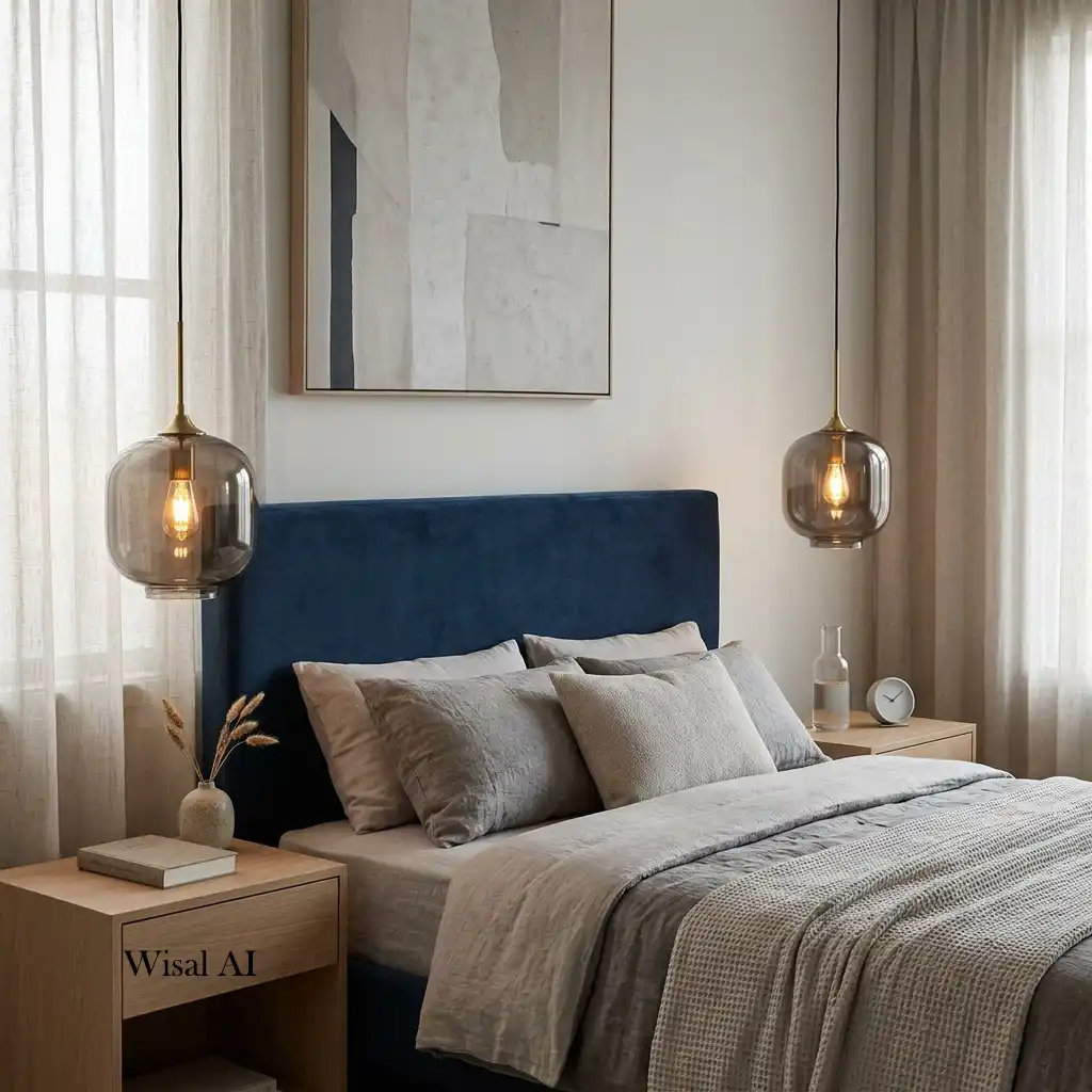 Luxury bedroom with elegant pendant lights suspended on both sides of the bed for a clean and sophisticated look.