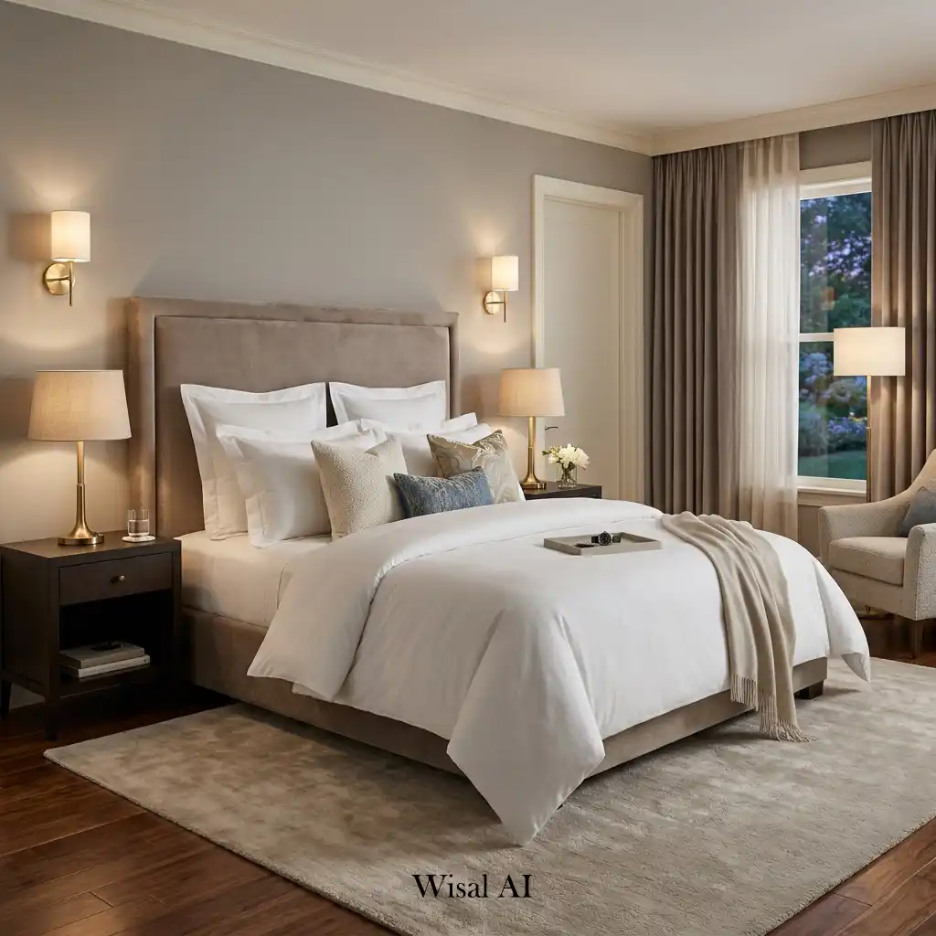 Hotel-style master bedroom with premium bedding and symmetrical layout