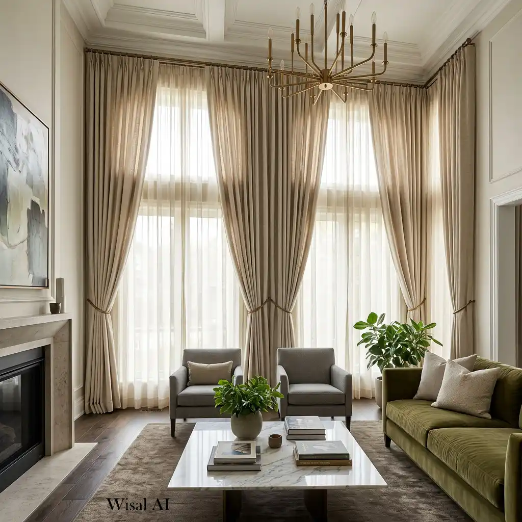 Sophisticated living room featuring floor-to-ceiling curtains for a custom high-end look.