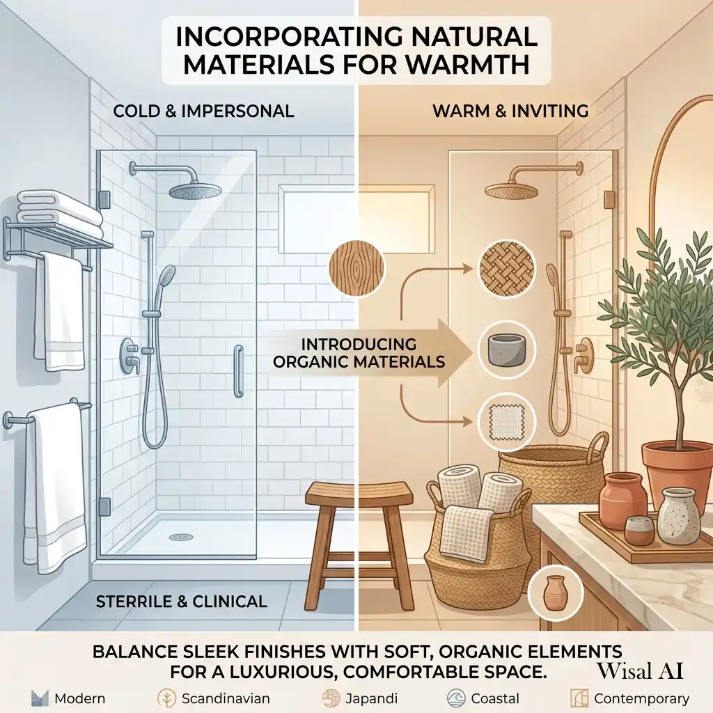 Spa-inspired bathroom featuring natural wood, stone, and woven countertop accessories beautifully.