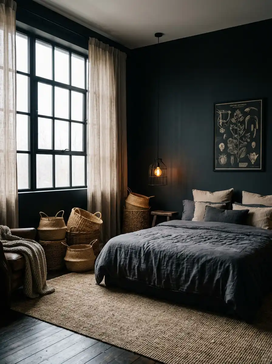 6. Industrial Luxe: A Dark Cozy Bedroom Design Concept