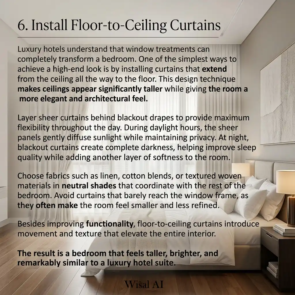 Floor-to-ceiling curtains with sheer drapes in a luxury bedroom.