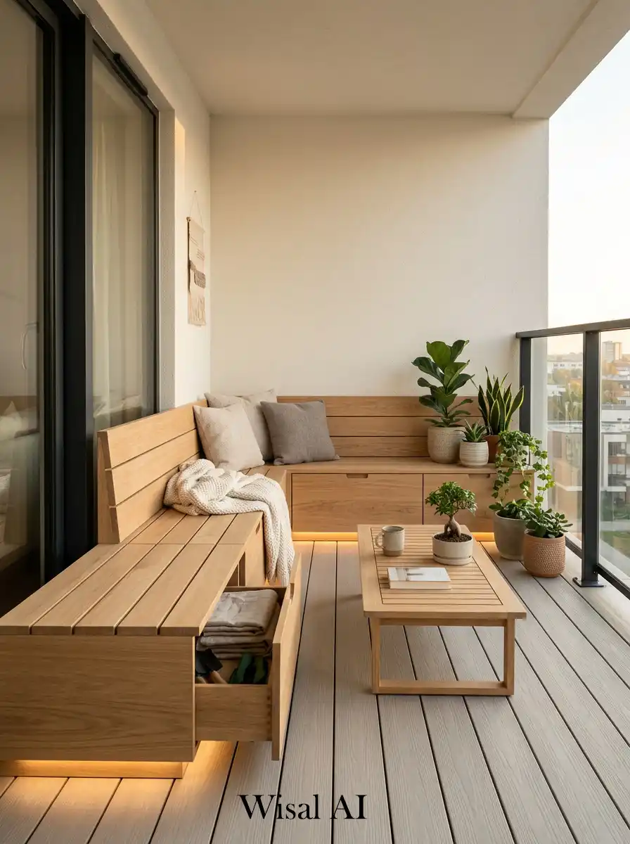 Functional Japandi balcony featuring built-in wooden bench seating with hidden storage and neutral cushions.