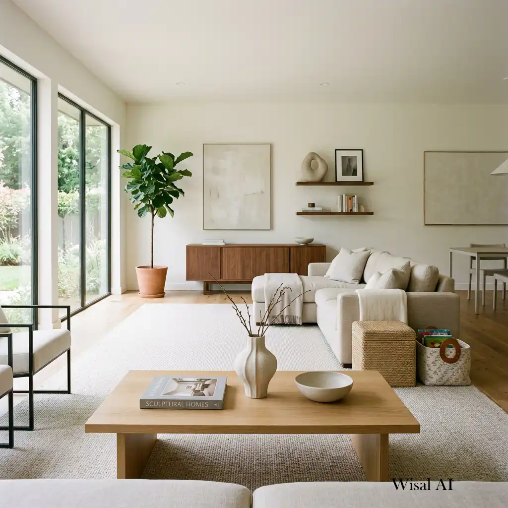 Minimalist living room with clutter-free surfaces and hidden storage solutions.