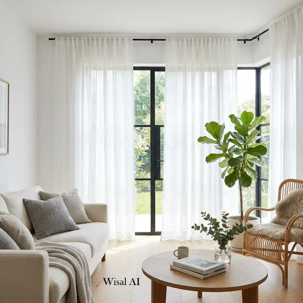 Beautiful living room with airy linen curtains allowing soft natural light indoors.