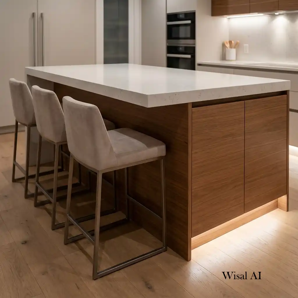 Kitchen island with hidden storage and integrated built-in seating.