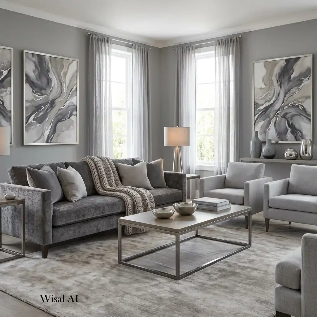Living room layered with charcoal, light gray, and greige tones.