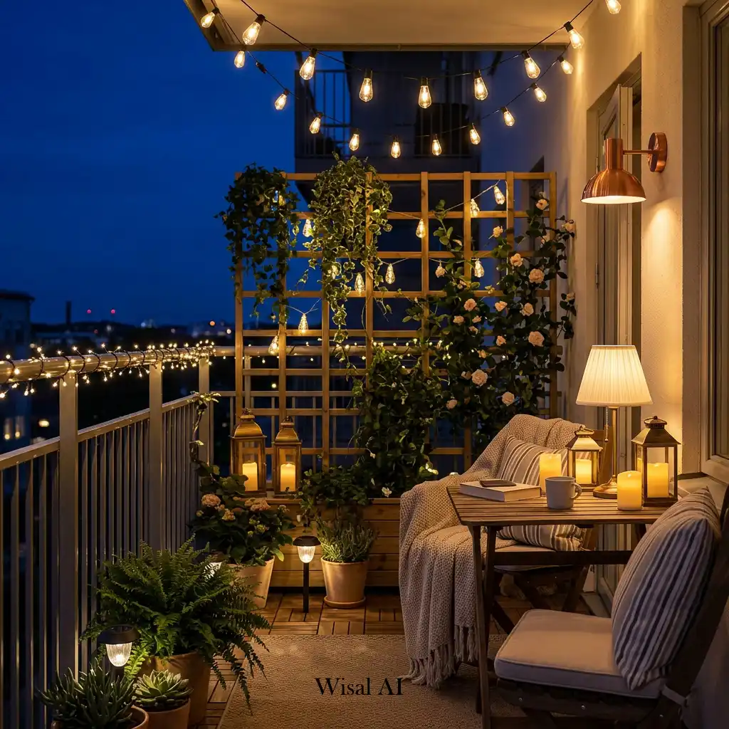 Cozy balcony illuminated with warm string lights and elegant outdoor lanterns at night.