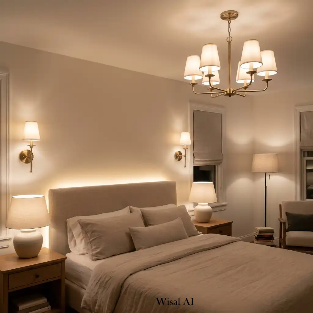 Cozy bedroom illuminated with layered lighting including bedside lamps, wall sconces, and warm ambient light.