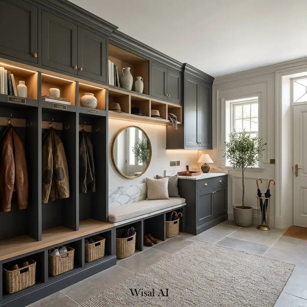 Luxury mudroom featuring custom cabinetry, premium finishes, and elegant organization