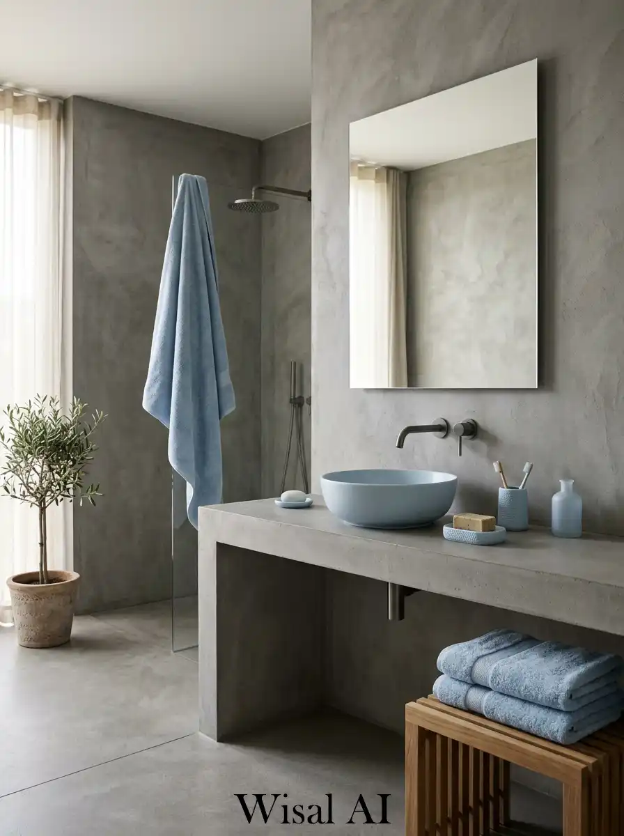 Matte grey cement bathroom with soft blue lighting mood