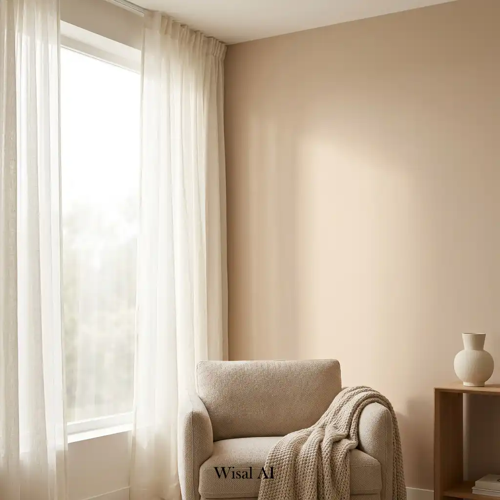 Sunlit living room with large windows and Mocha Mousse color palette.
