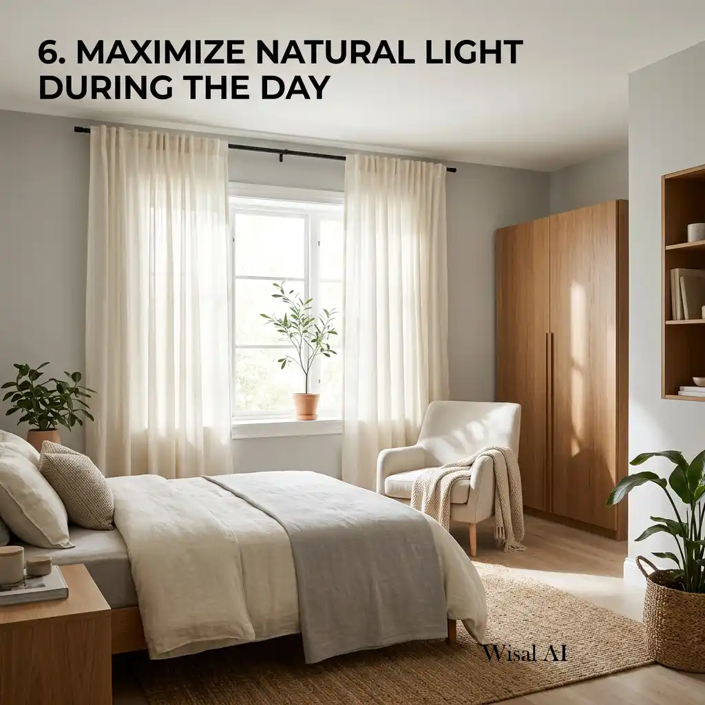 Bright bedroom filled with natural daylight through large windows dressed with elegant sheer linen curtains.