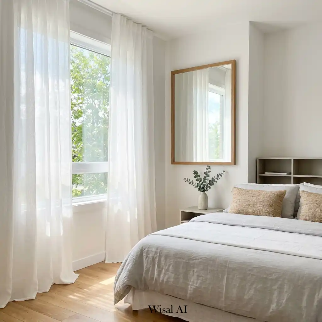 Bright bedroom maximizing natural light with sheer curtains and large sunny windows.