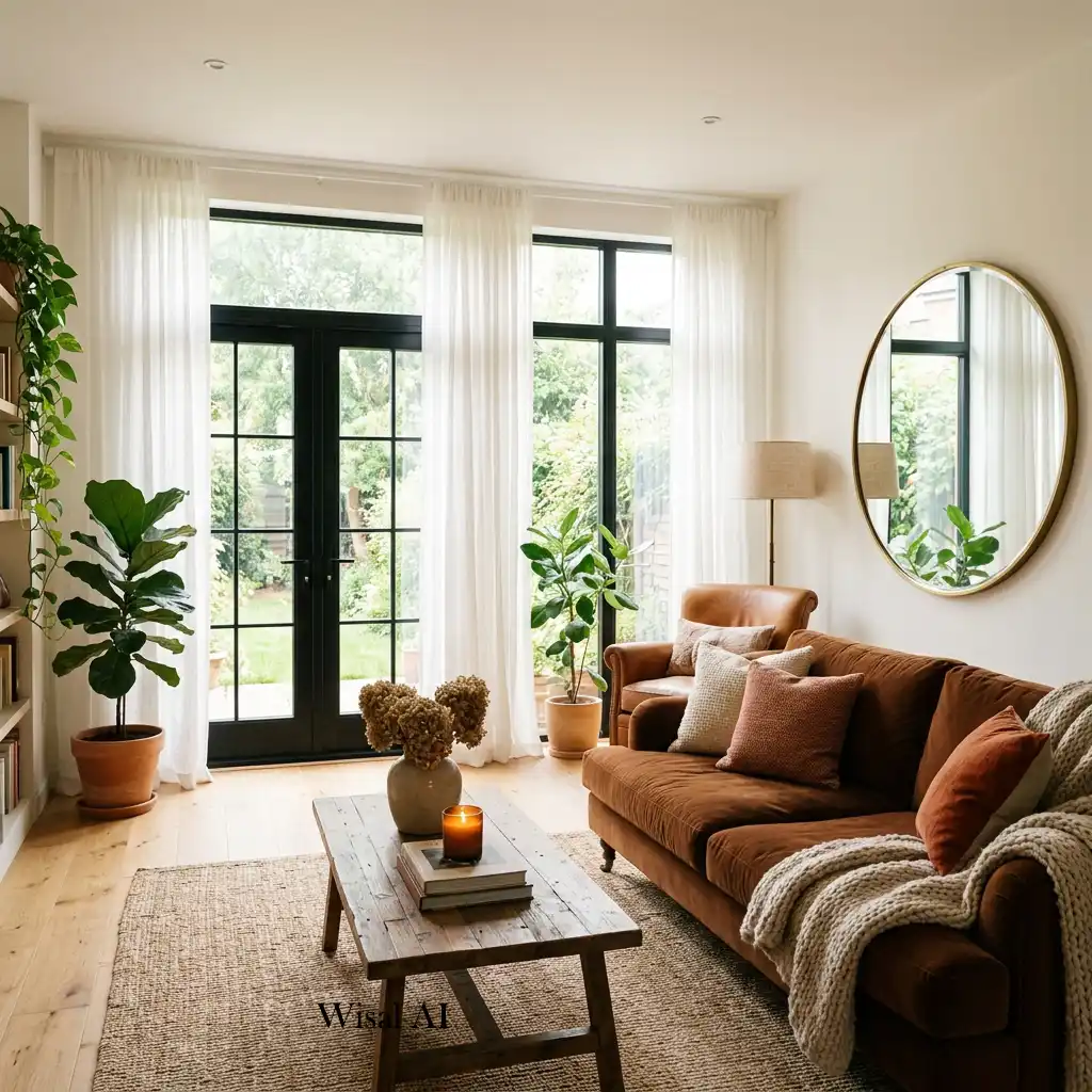 Bright cinnamon brown living room filled with natural light and sheer curtains.