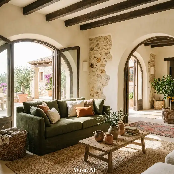 Mediterranean olive green living room with arched architecture, natural stone, and warm wood beams