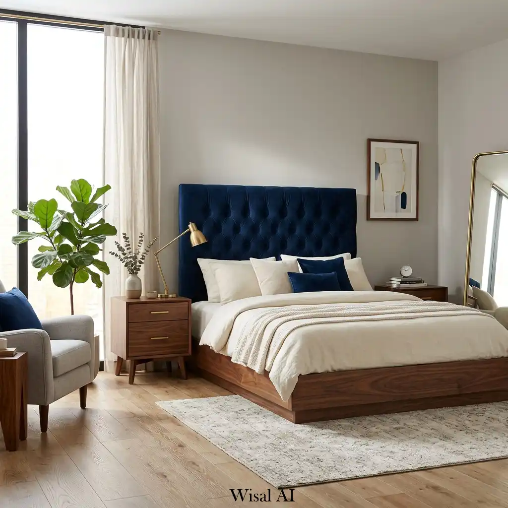 Midnight blue velvet bedroom with rich walnut furniture accents