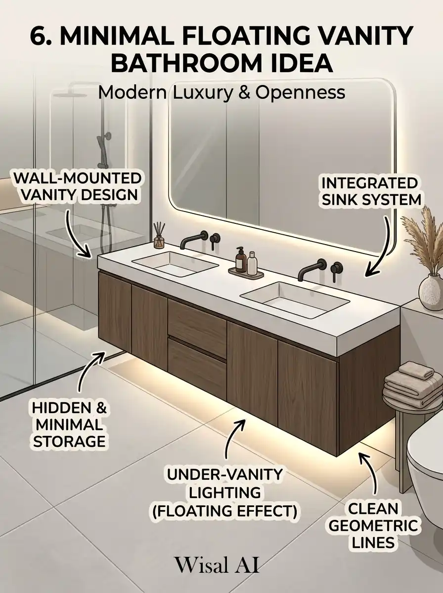 Minimal floating vanity bathroom with hidden storage and elegant warm lighting