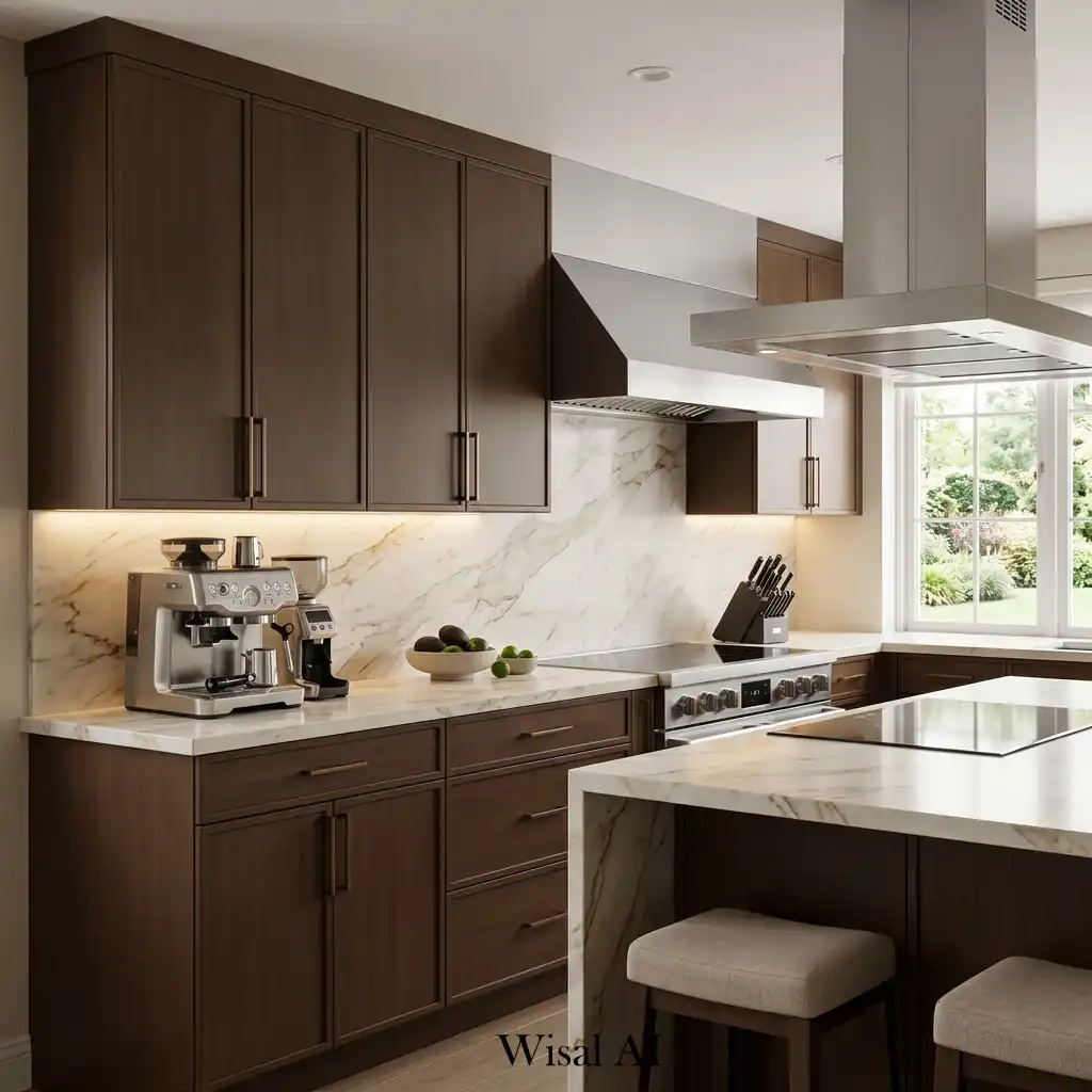 Mocha kitchen cabinets in modern warm luxury apartment