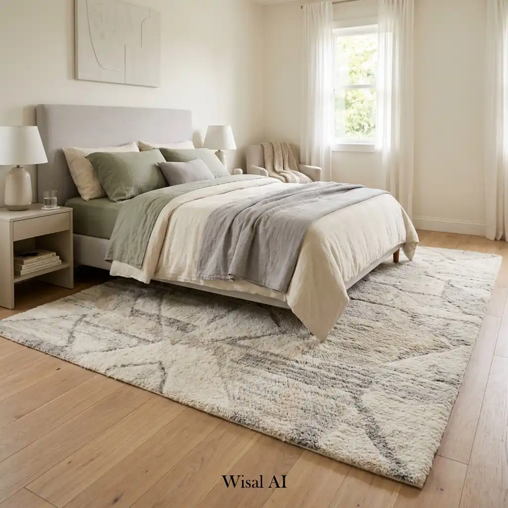 Cozy bedroom featuring a large textured area rug beneath the bed.