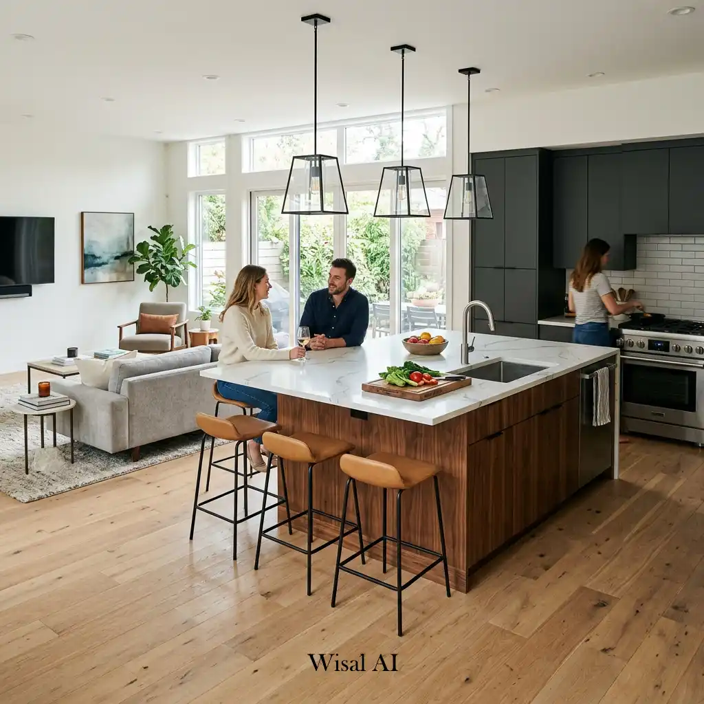 Modern living room connected to a kitchen with a large central island
