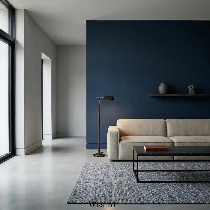 Japandi style living room with moody blue accents and natural wood elements