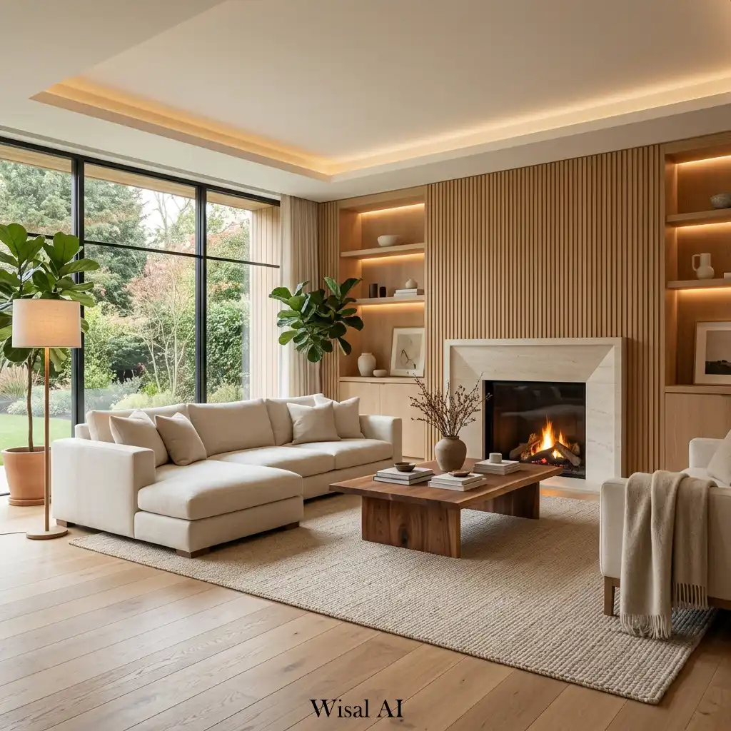 Modern living room with natural wood furniture and warm Scandinavian influence