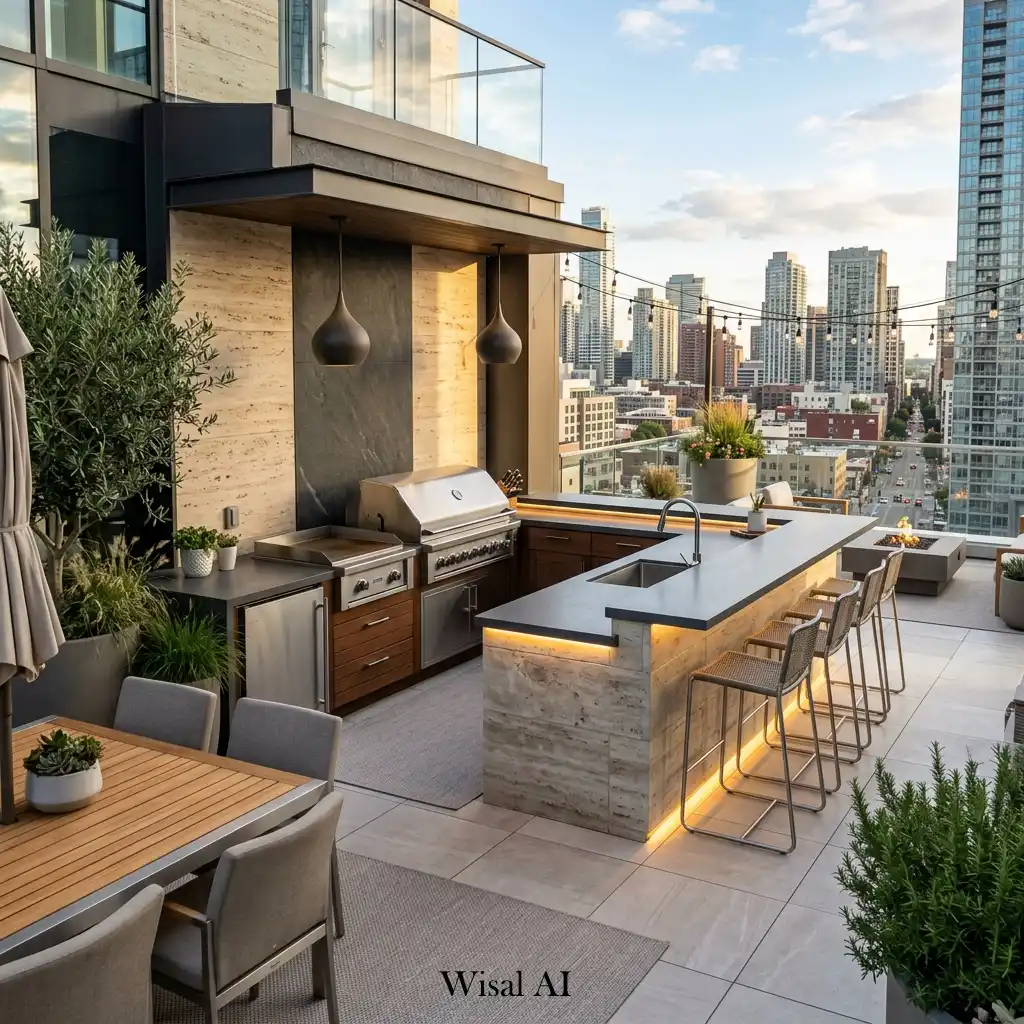 Contemporary rooftop outdoor kitchen with stone countertops and bar seating