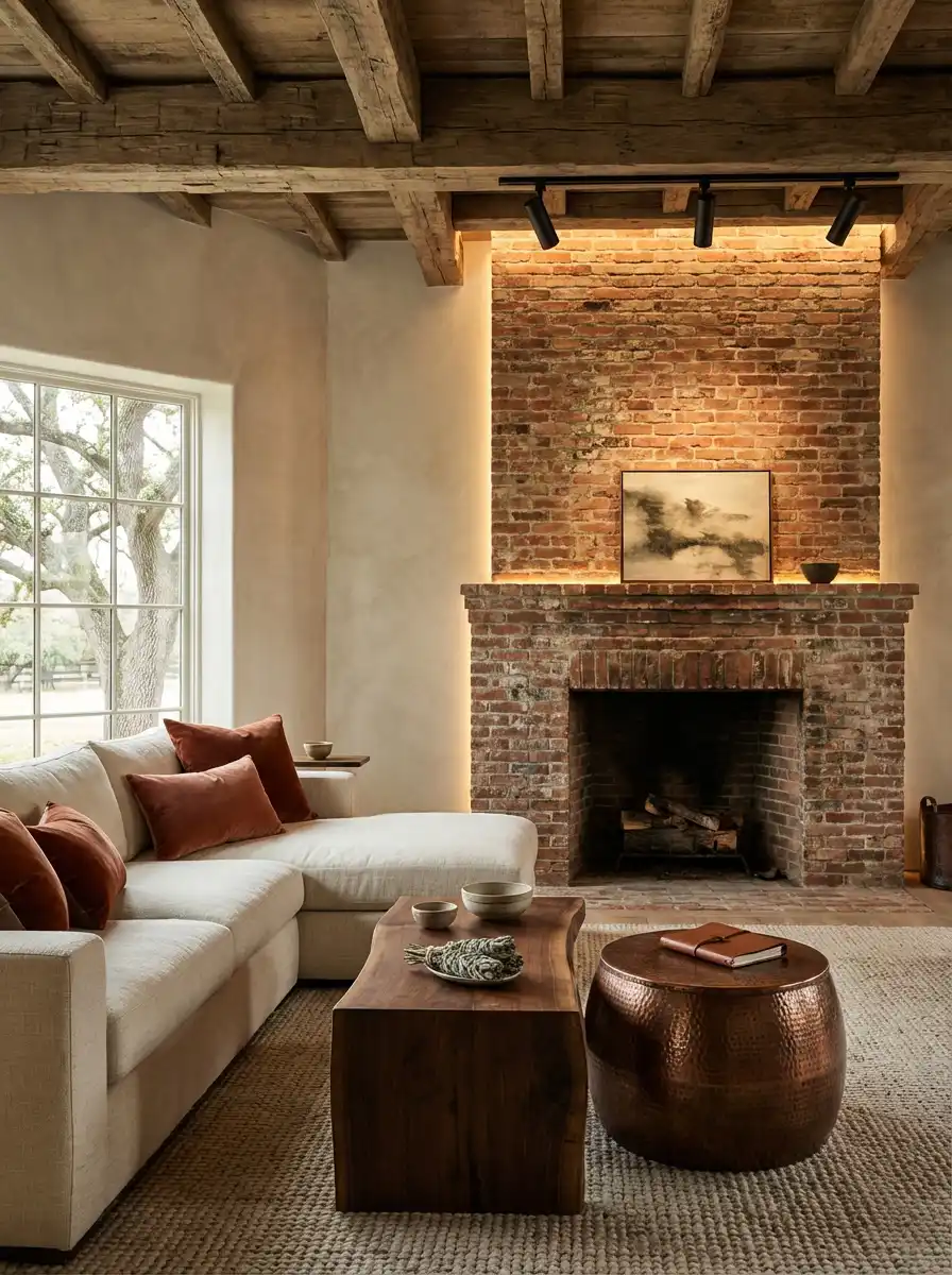 6. Rustic Sophistication and Raw Plaster: A Stunning Living Room Idea