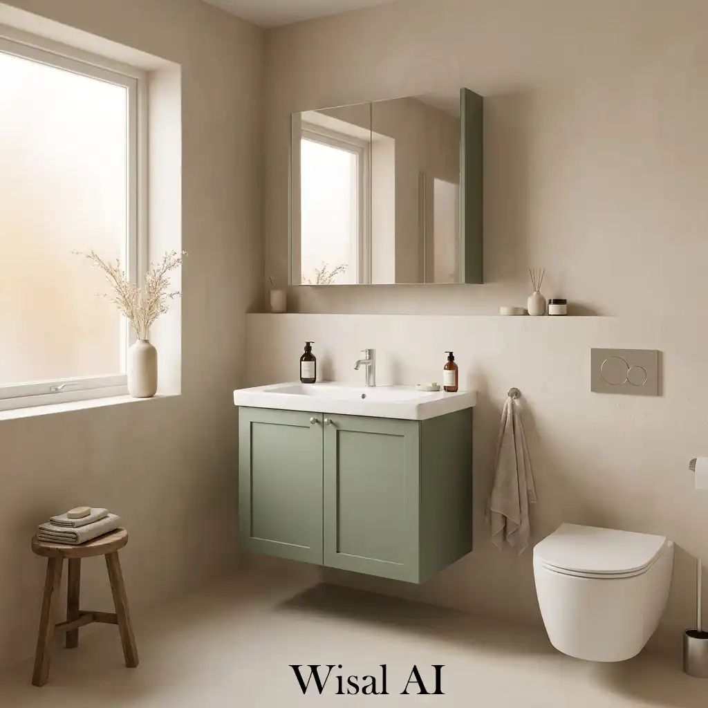 Beige and sage green earthy spa bathroom interior