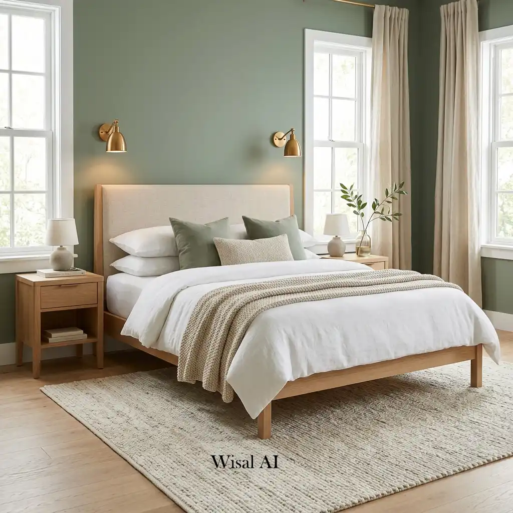 Sage green bedroom featuring an upholstered headboard and white oak nightstands.