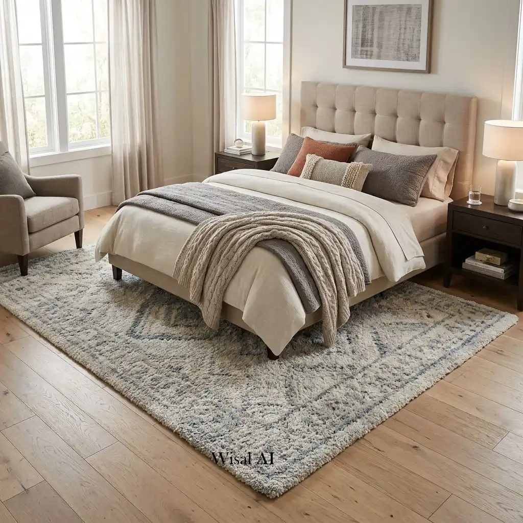 Luxury bedroom with a large area rug extending beyond the bed beautifully.