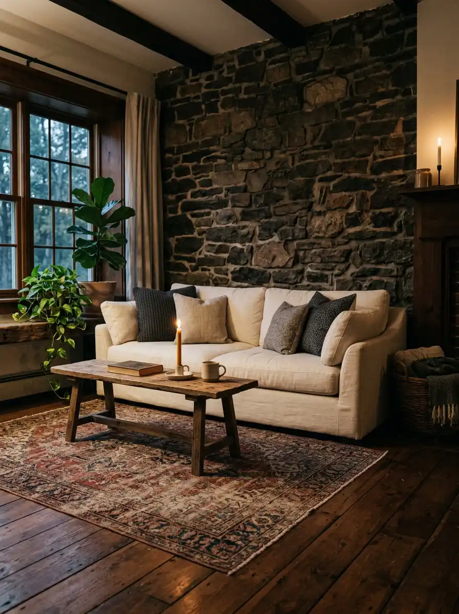 6. Stone and Shadow: Ultimate Moody Farmhouse Living Room Style
