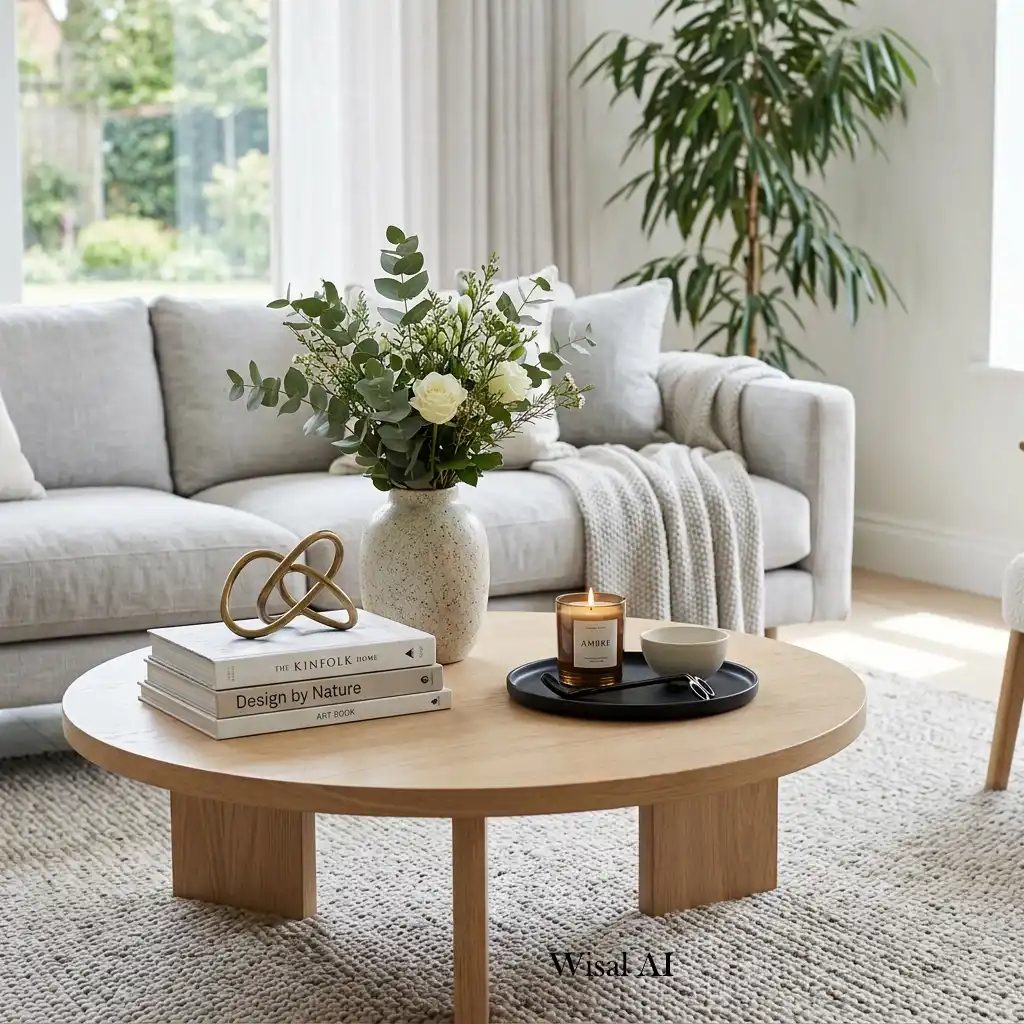 Designer coffee table styled with books, candles, and ceramic décor.