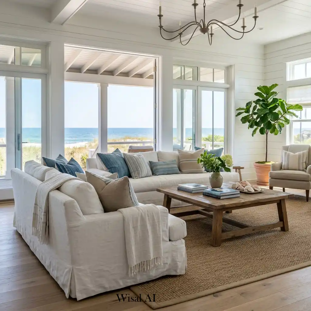 Oversized slipcovered sofa creating a relaxed beach house atmosphere.
